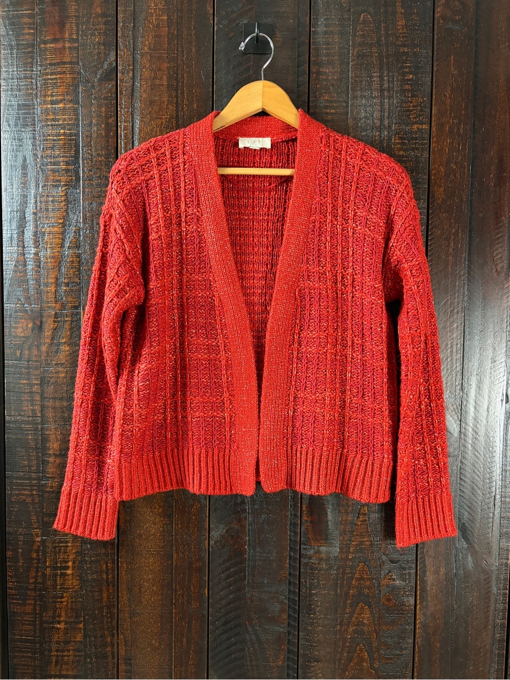 LOFT Vermillion Red Open-Front Textured Grid Knit Cardigan Sweater - XS
